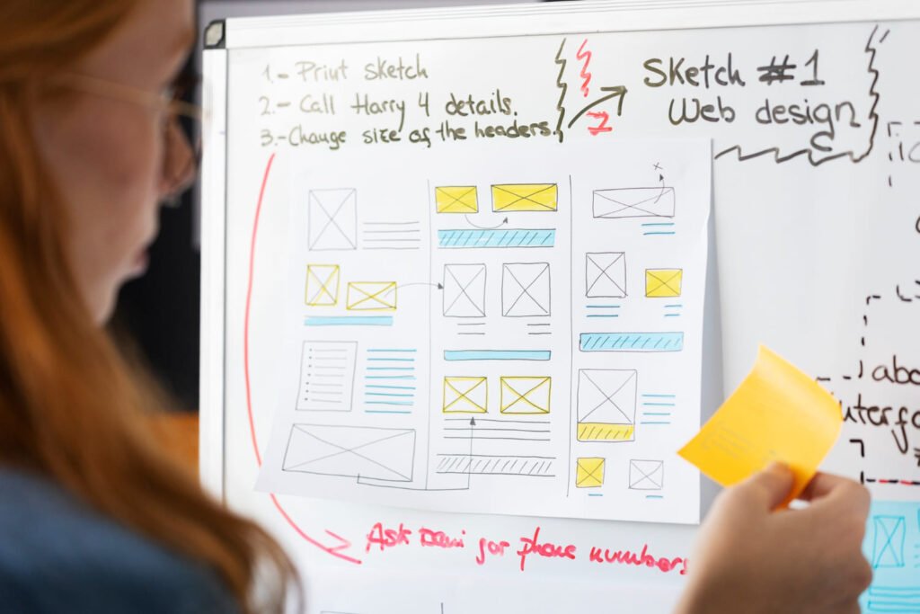 Overzicht van wireframes op whiteboard voor procesverbetering en interne groei