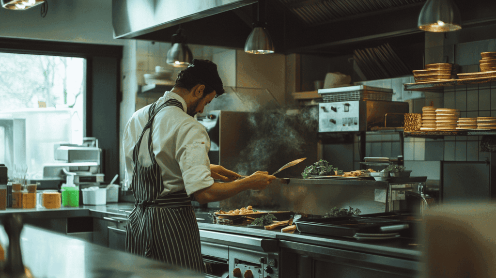 jongeman is aan het koken in de keuken van een horecazaak