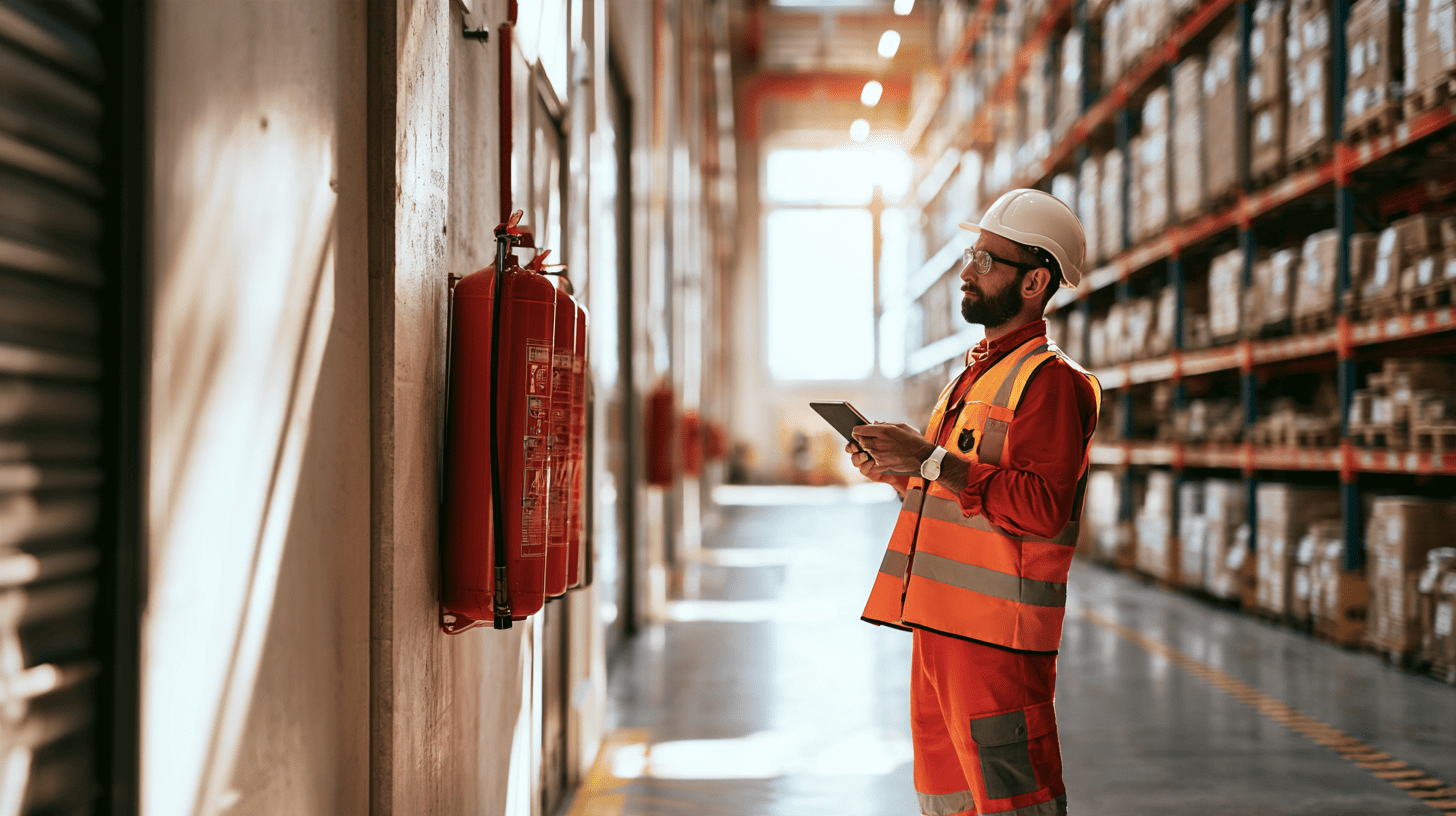 Medewerker controleert brandblusser en vrije gangen in een magazijn