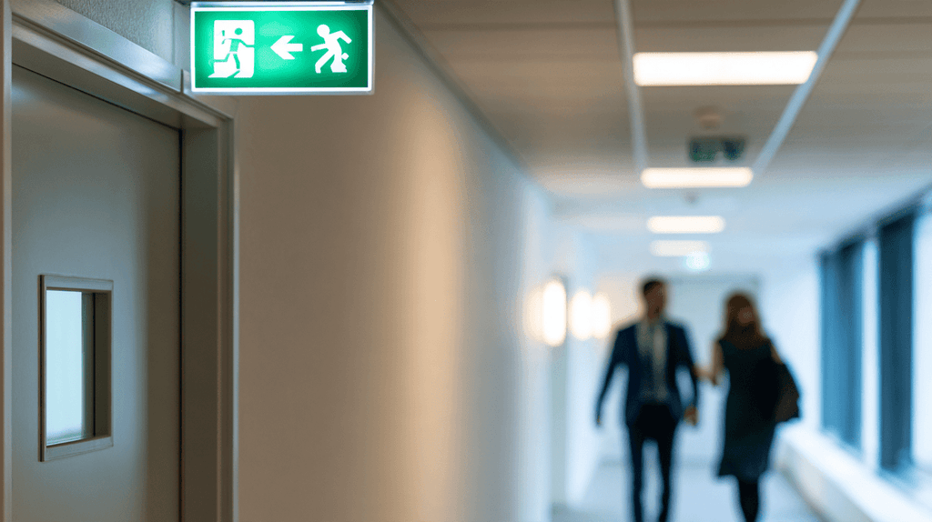 Vrije vluchtroute met nooduitgang en noodverlichting in een bedrijfspand